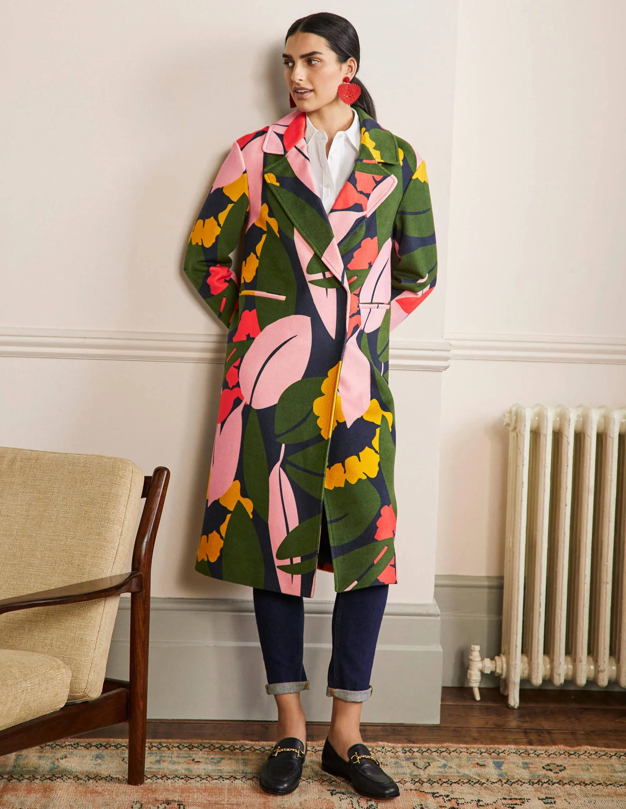 Constance Printed Wool Coat-French Navy, Abstract Bloom