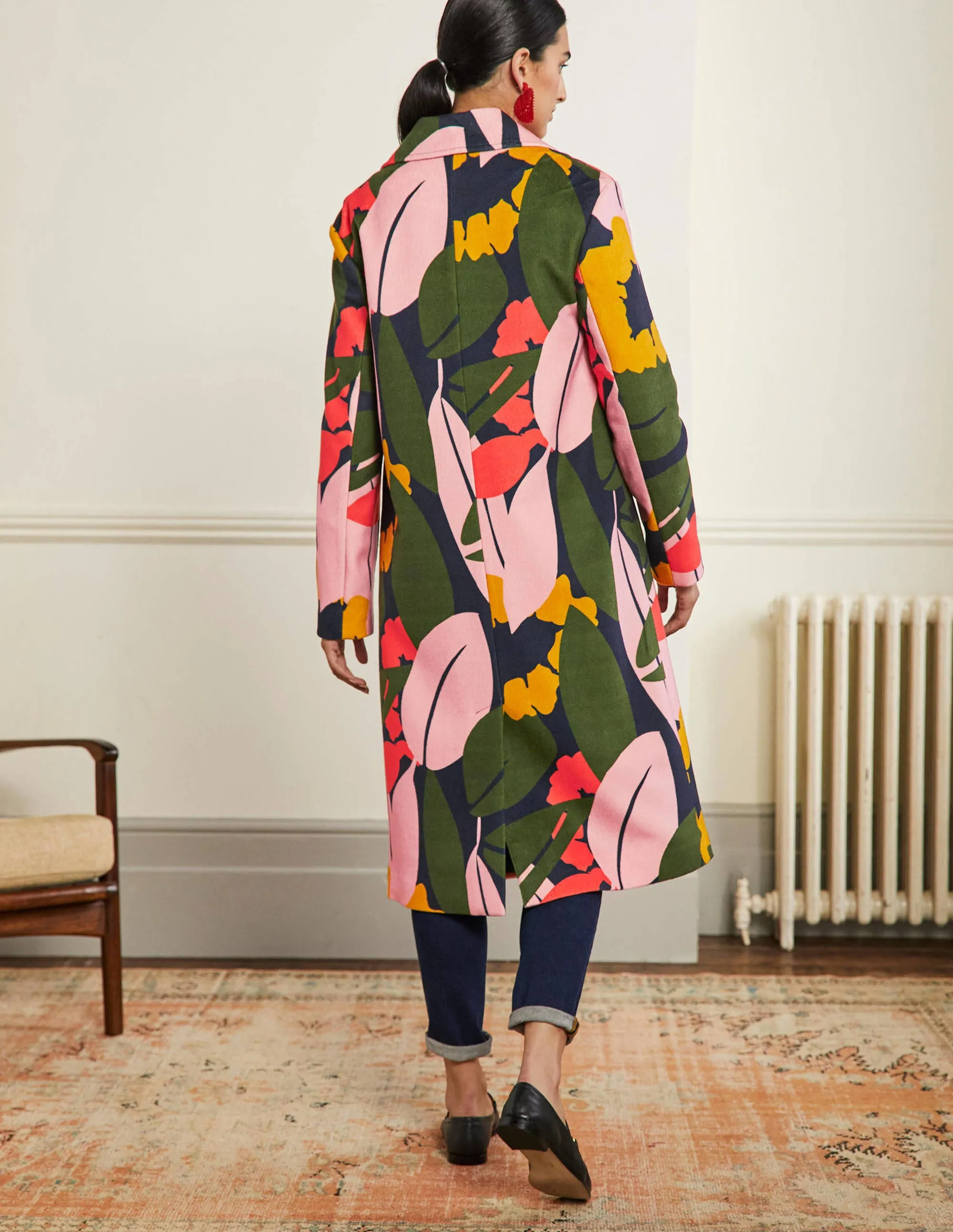Constance Printed Wool Coat-French Navy, Abstract Bloom