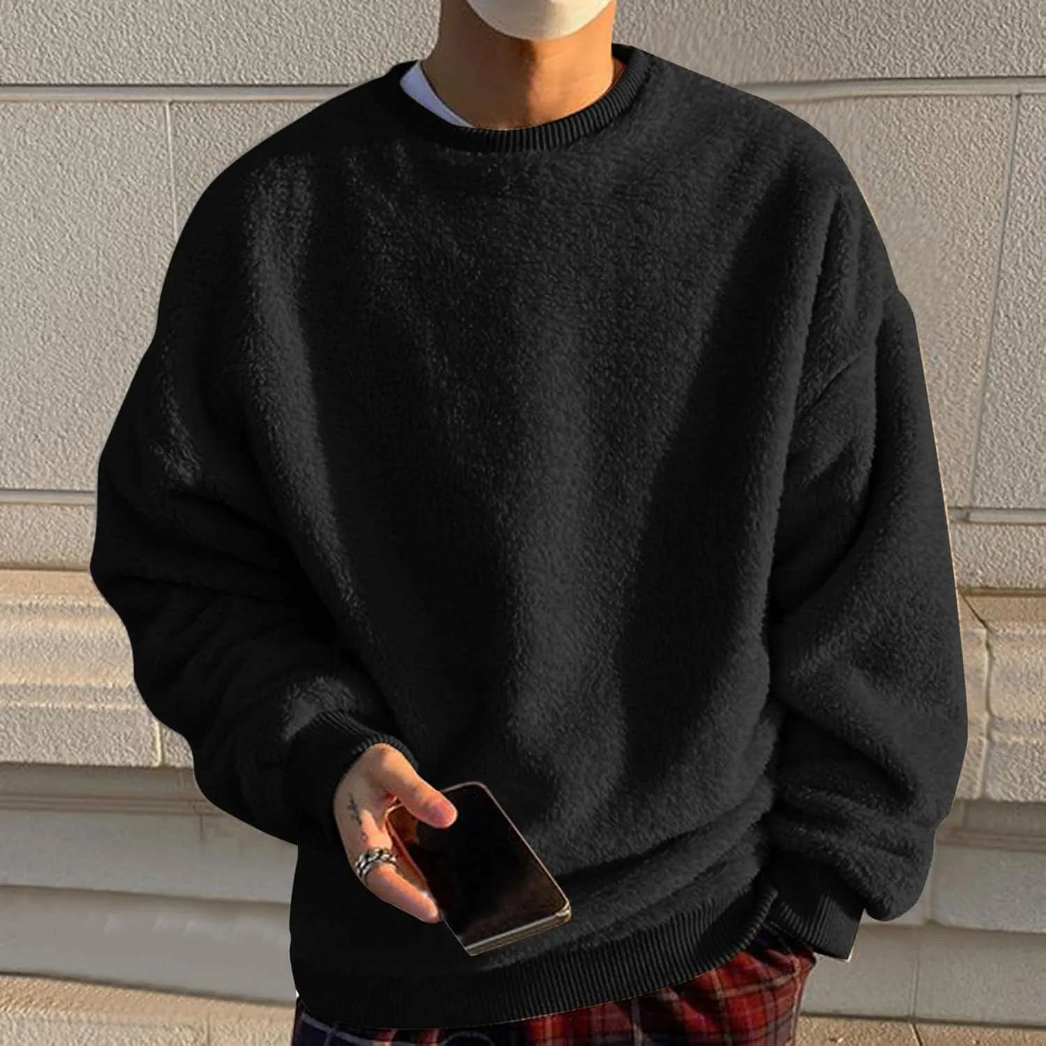 Crewneck Sweatshirt for Men Oversized Solid Color Sherpa Lined Fleece Shirts Long Sleeve Pullover Tops Trendy Clothes
