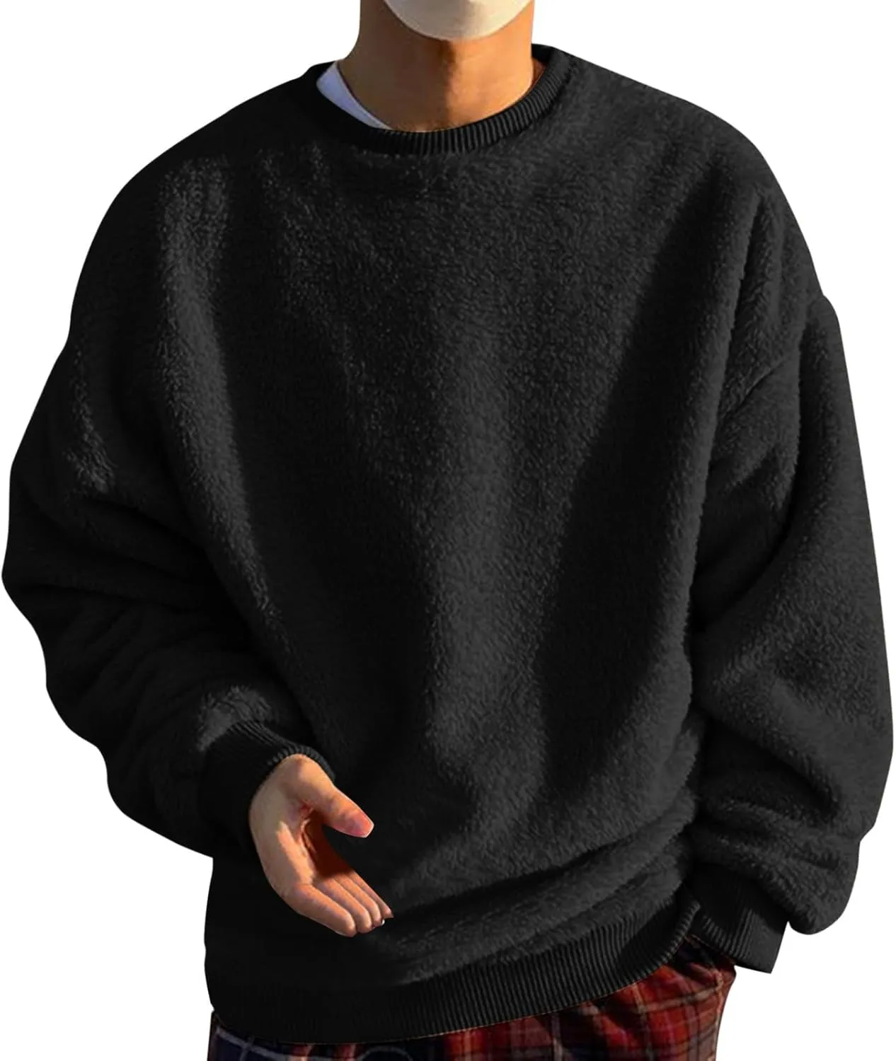 Crewneck Sweatshirt for Men Oversized Solid Color Sherpa Lined Fleece Shirts Long Sleeve Pullover Tops Trendy Clothes