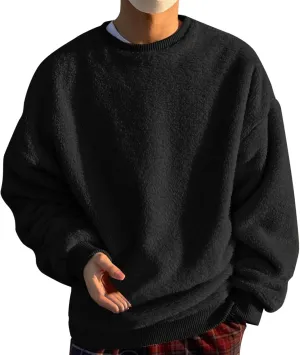 Crewneck Sweatshirt for Men Oversized Solid Color Sherpa Lined Fleece Shirts Long Sleeve Pullover Tops Trendy Clothes