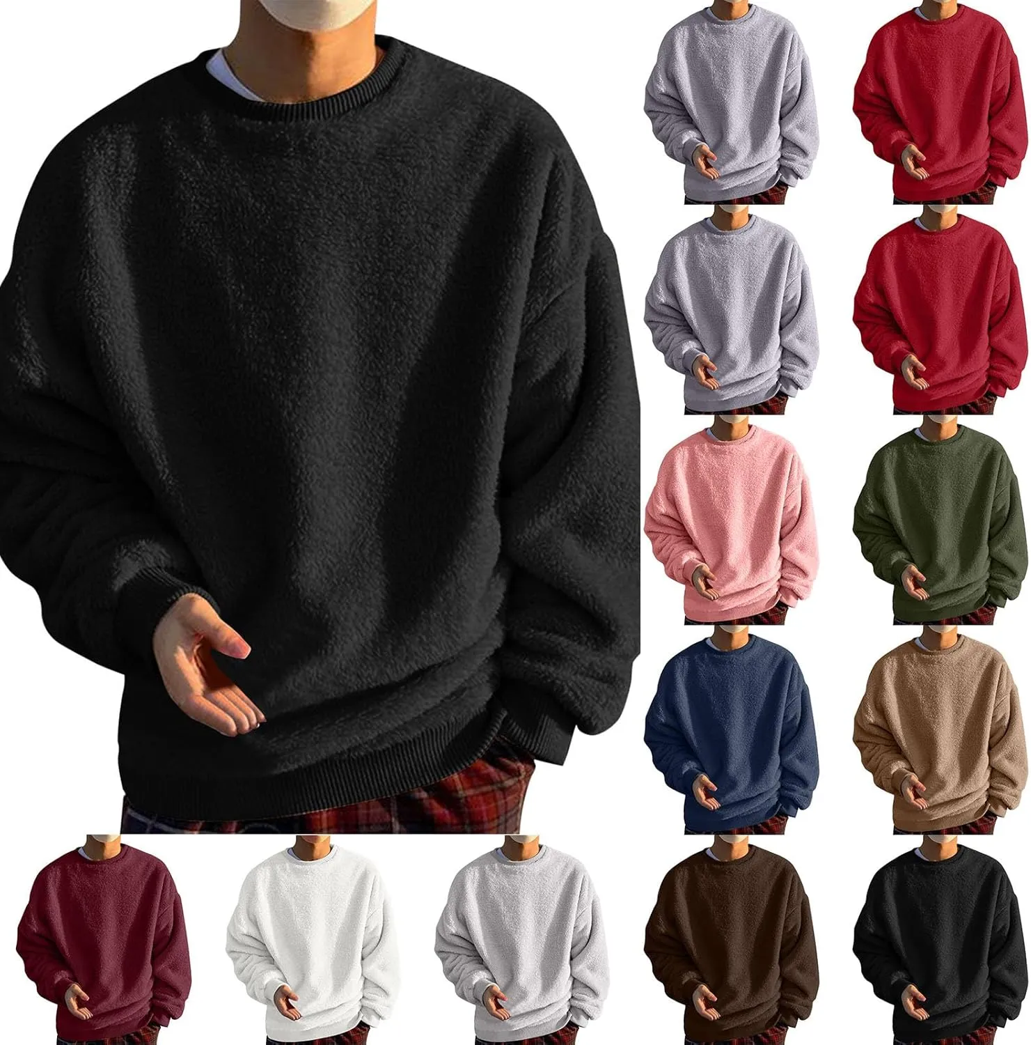 Crewneck Sweatshirt for Men Oversized Solid Color Sherpa Lined Fleece Shirts Long Sleeve Pullover Tops Trendy Clothes