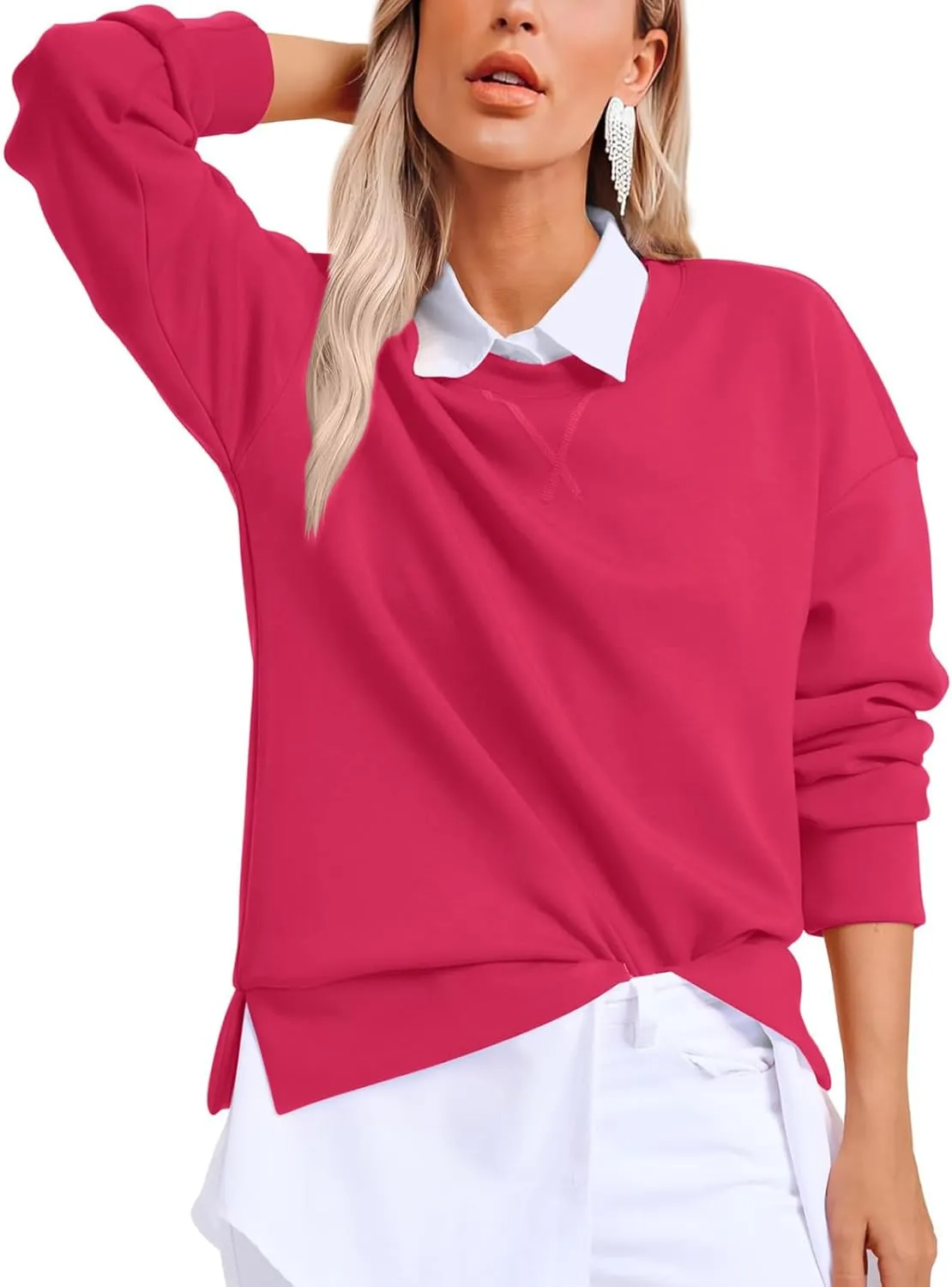 Crewneck Sweatshirts for Women Trendy 2024 Solid Color Pullover Tops Long Sleeve Sweatshirt Tunic Fall Winter Clothes