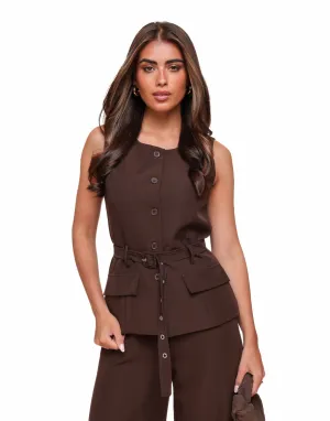 Donkerbruine Riem Hoge Knopen - Gilet
