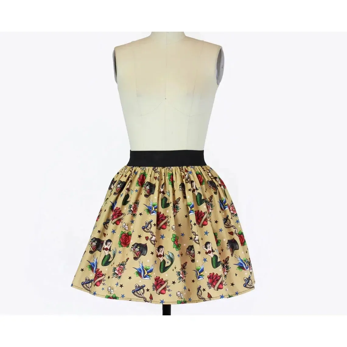 Elastic Waist Skirt in Tattoo Flash Art Print by Hemet