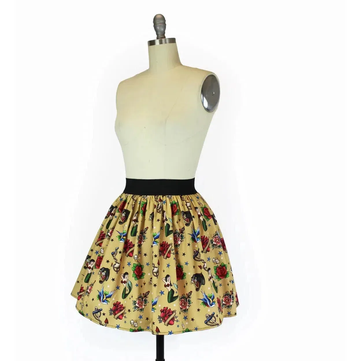 Elastic Waist Skirt in Tattoo Flash Art Print by Hemet