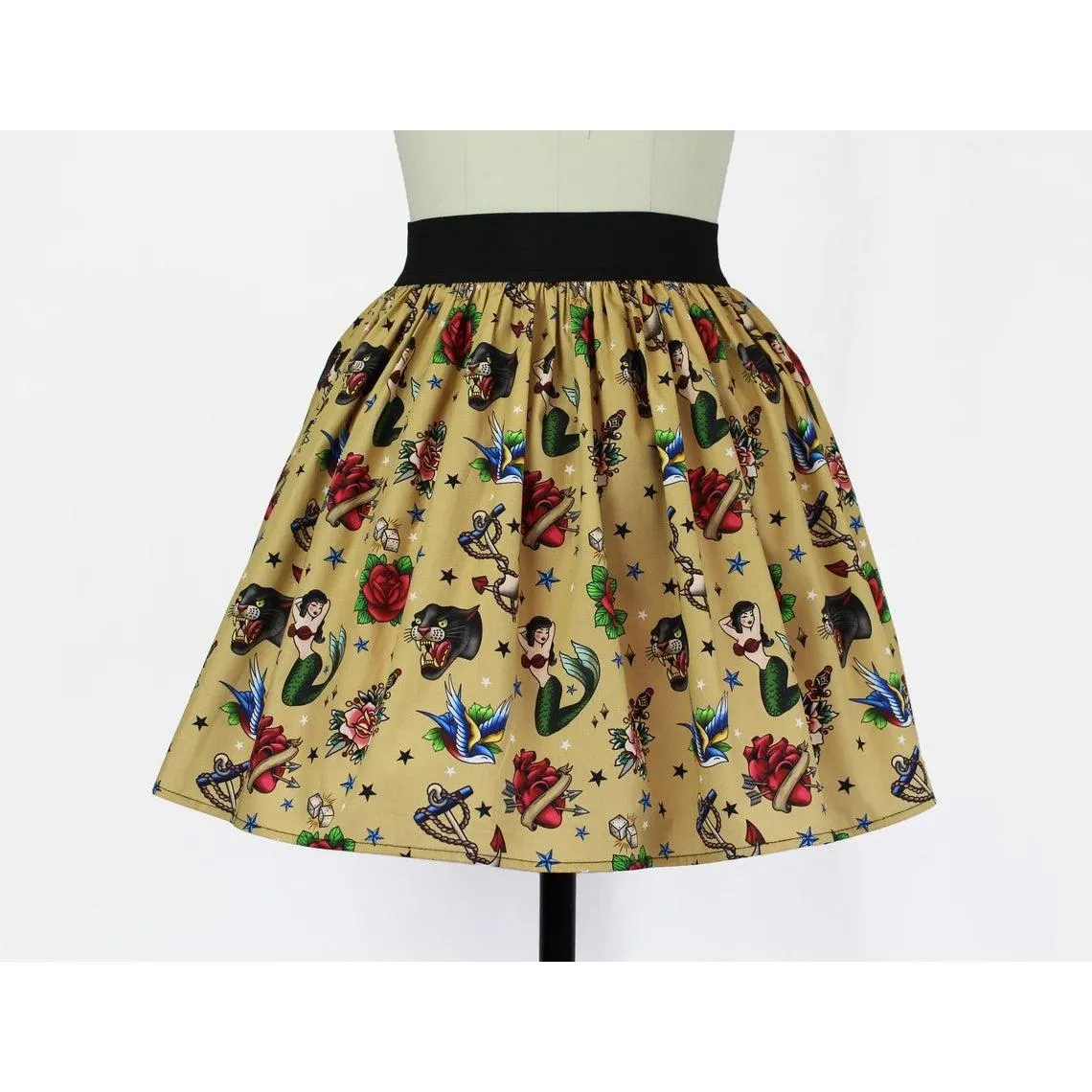 Elastic Waist Skirt in Tattoo Flash Art Print by Hemet