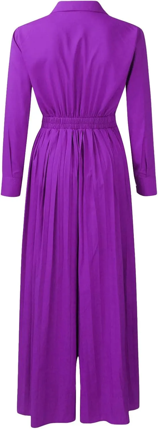 Elegant Jumpsuits for Women Formal Deep V-Neck Jumpsuit High Waisted Long Sleeve Lapel Collar Romper with Pockets