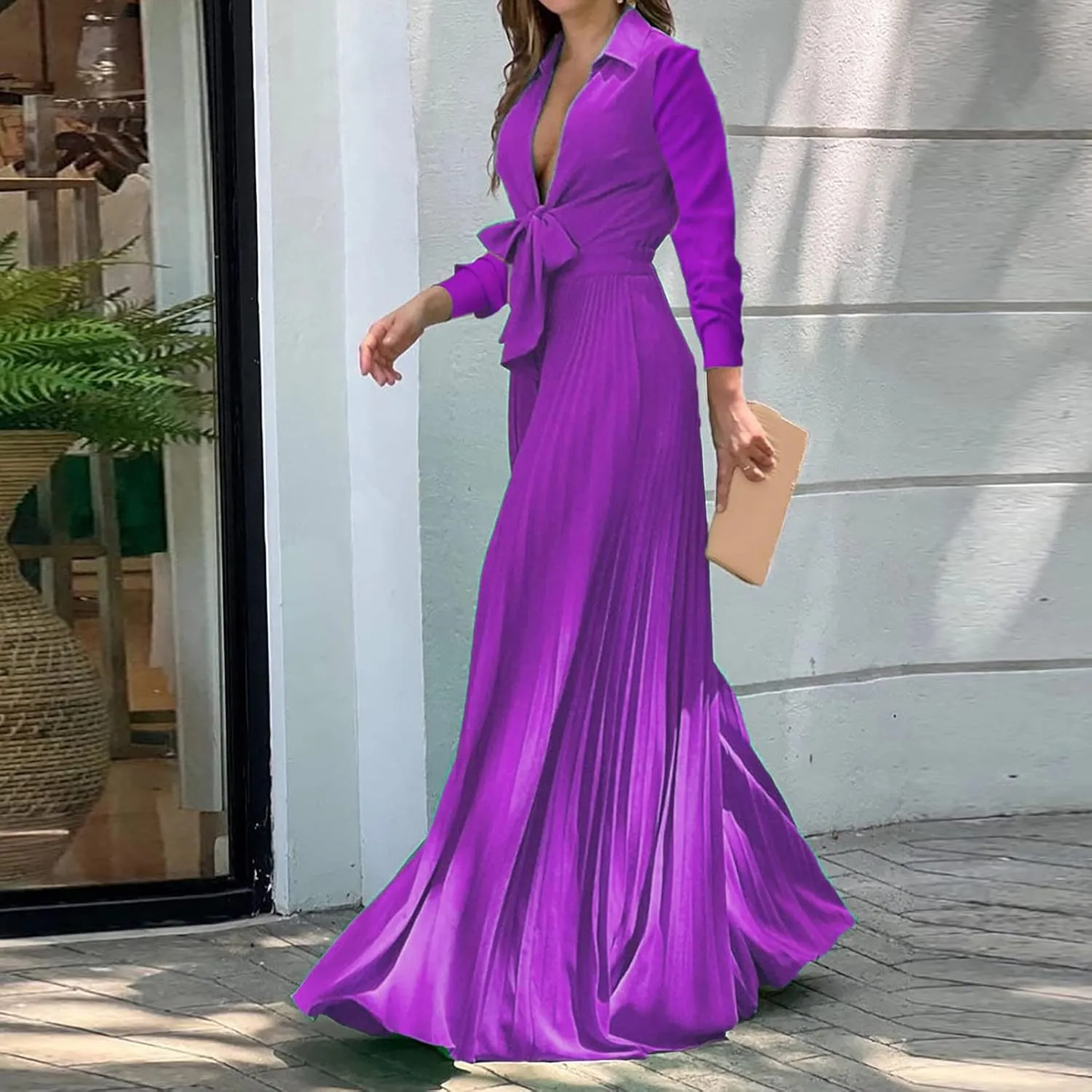 Elegant Jumpsuits for Women Formal Deep V-Neck Jumpsuit High Waisted Long Sleeve Lapel Collar Romper with Pockets