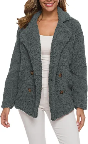 Fleece Womens Jacket Faux Cardigan Loose Turn Down Button Coat Fleece Jackets Long Sleeve Fleece Women Polar Fleece