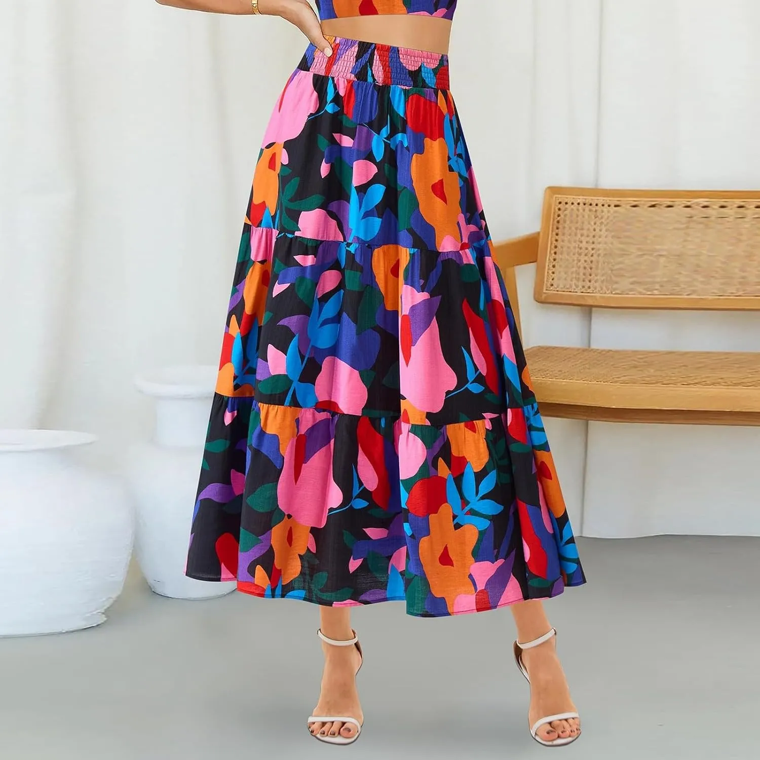 Floral Maxi Skirts for Women Summer Tiered Long Pleated Skirt Casual Elastic Waist A Line Flowy Boho Skirt Vacation