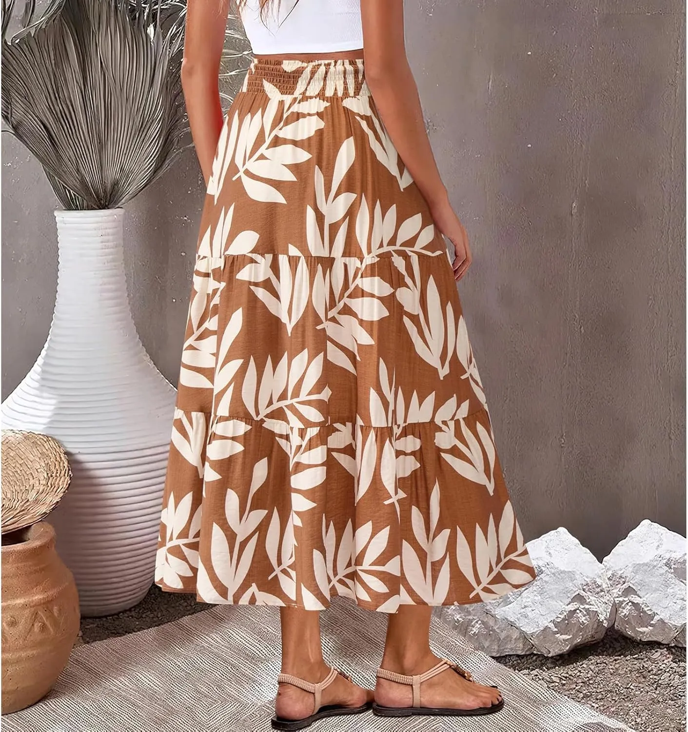 Floral Maxi Skirts for Women Summer Tiered Long Pleated Skirt Casual Elastic Waist A Line Flowy Boho Skirt Vacation