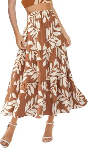 Floral Maxi Skirts for Women Summer Tiered Long Pleated Skirt Casual Elastic Waist A Line Flowy Boho Skirt Vacation