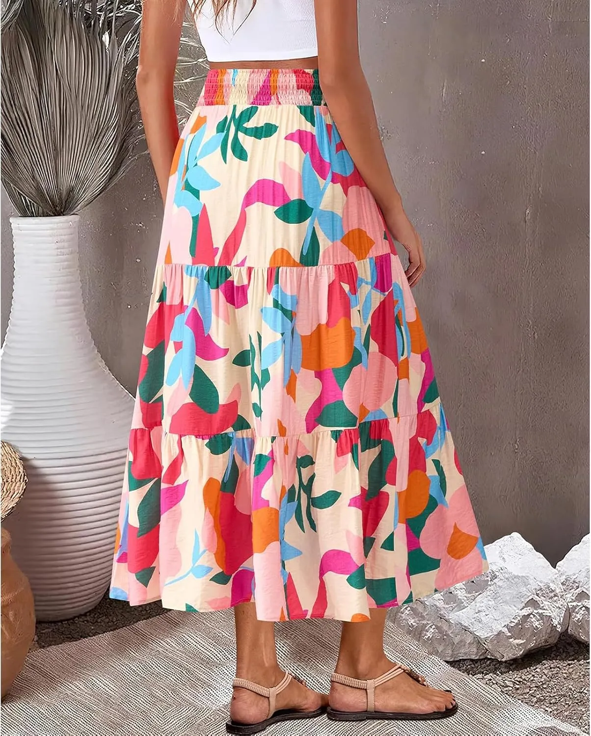Floral Maxi Skirts for Women Summer Tiered Long Pleated Skirt Casual Elastic Waist A Line Flowy Boho Skirt Vacation