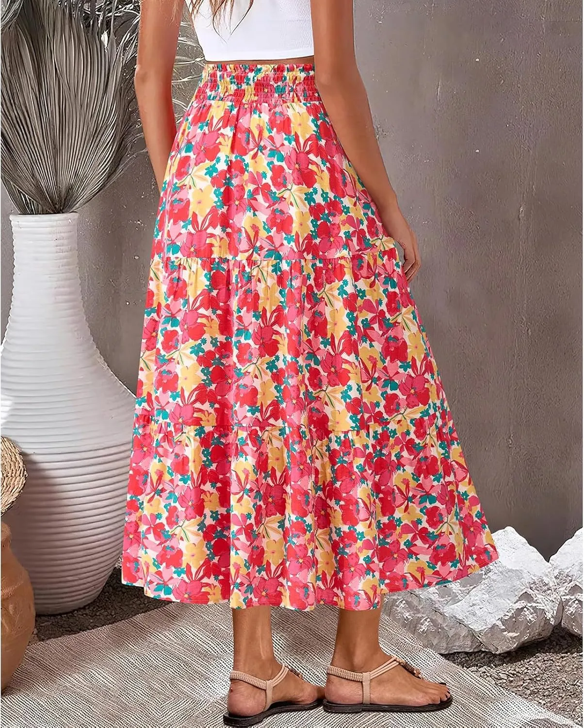 Floral Maxi Skirts for Women Summer Tiered Long Pleated Skirt Casual Elastic Waist A Line Flowy Boho Skirt Vacation