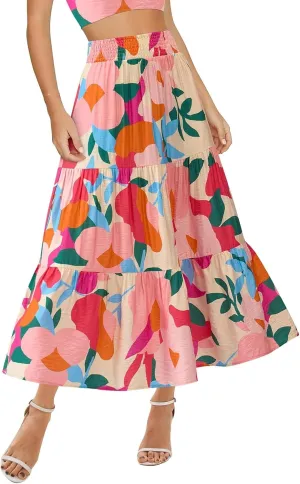 Floral Maxi Skirts for Women Summer Tiered Long Pleated Skirt Casual Elastic Waist A Line Flowy Boho Skirt Vacation
