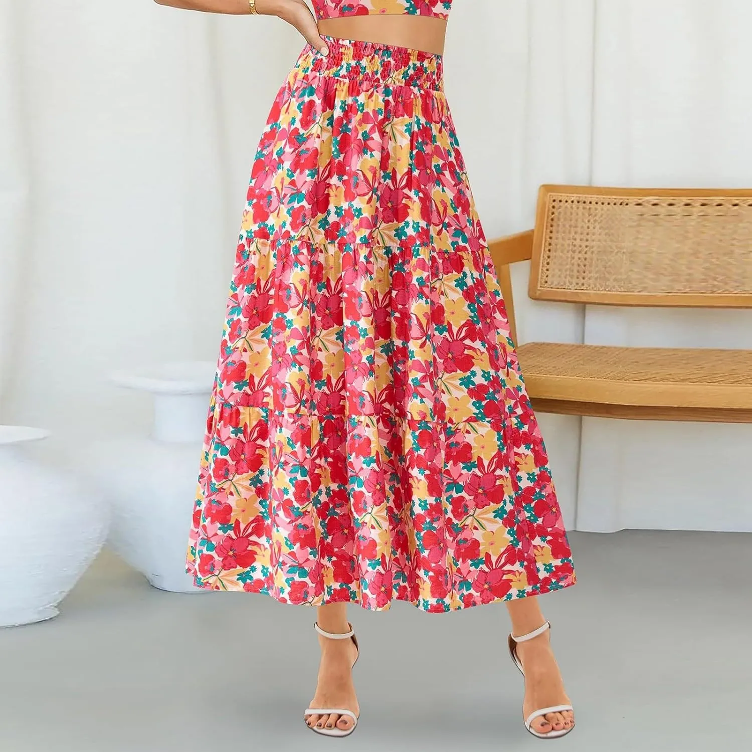 Floral Maxi Skirts for Women Summer Tiered Long Pleated Skirt Casual Elastic Waist A Line Flowy Boho Skirt Vacation
