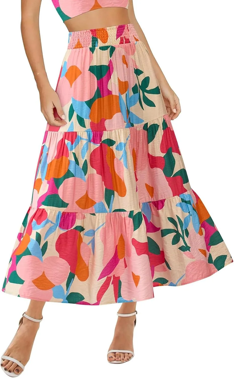 Floral Maxi Skirts for Women Summer Tiered Long Pleated Skirt Casual Elastic Waist A Line Flowy Boho Skirt Vacation