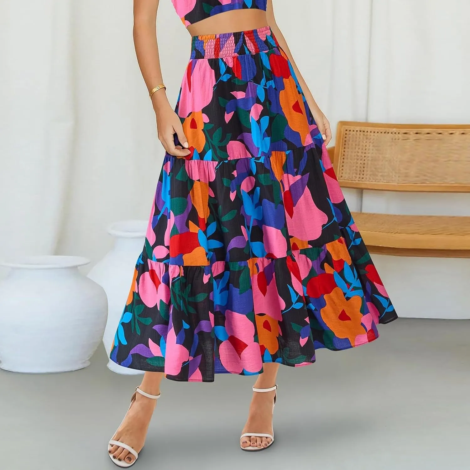 Floral Maxi Skirts for Women Summer Tiered Long Pleated Skirt Casual Elastic Waist A Line Flowy Boho Skirt Vacation