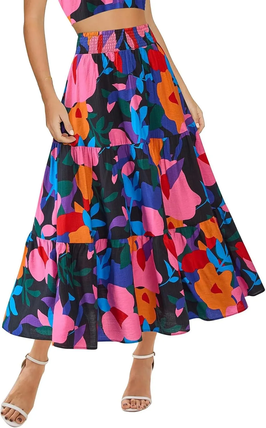 Floral Maxi Skirts for Women Summer Tiered Long Pleated Skirt Casual Elastic Waist A Line Flowy Boho Skirt Vacation