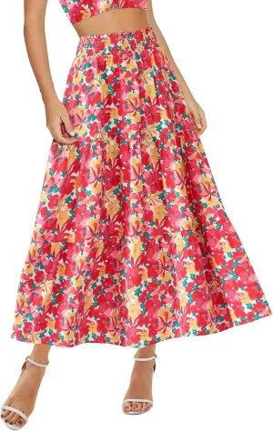 Floral Maxi Skirts for Women Summer Tiered Long Pleated Skirt Casual Elastic Waist A Line Flowy Boho Skirt Vacation