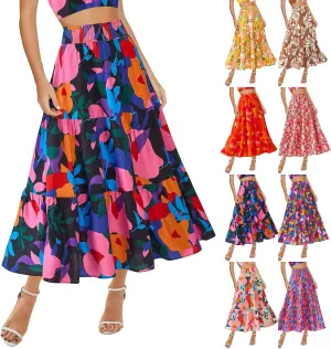 Floral Maxi Skirts for Women Summer Tiered Long Pleated Skirt Casual Elastic Waist A Line Flowy Boho Skirt Vacation