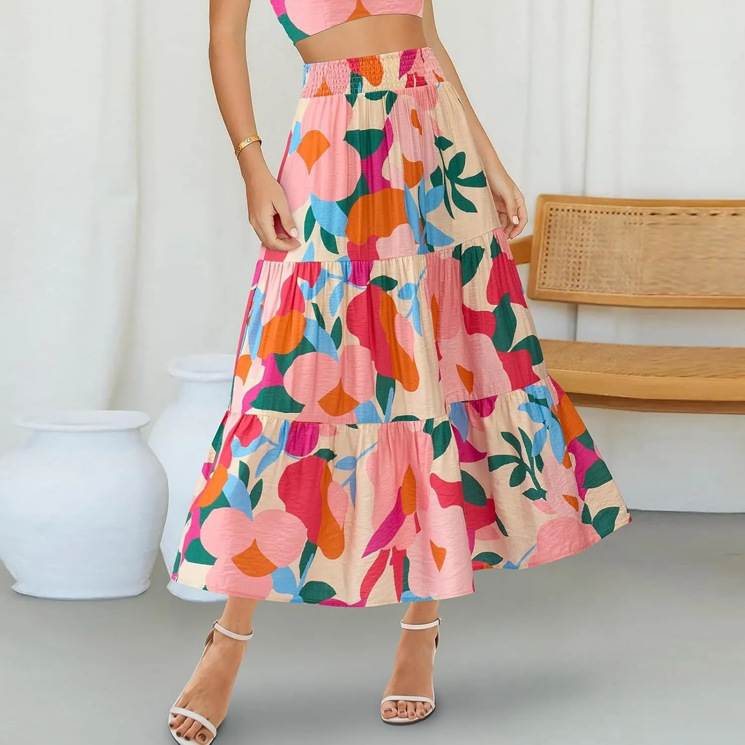 Floral Maxi Skirts for Women Summer Tiered Long Pleated Skirt Casual Elastic Waist A Line Flowy Boho Skirt Vacation