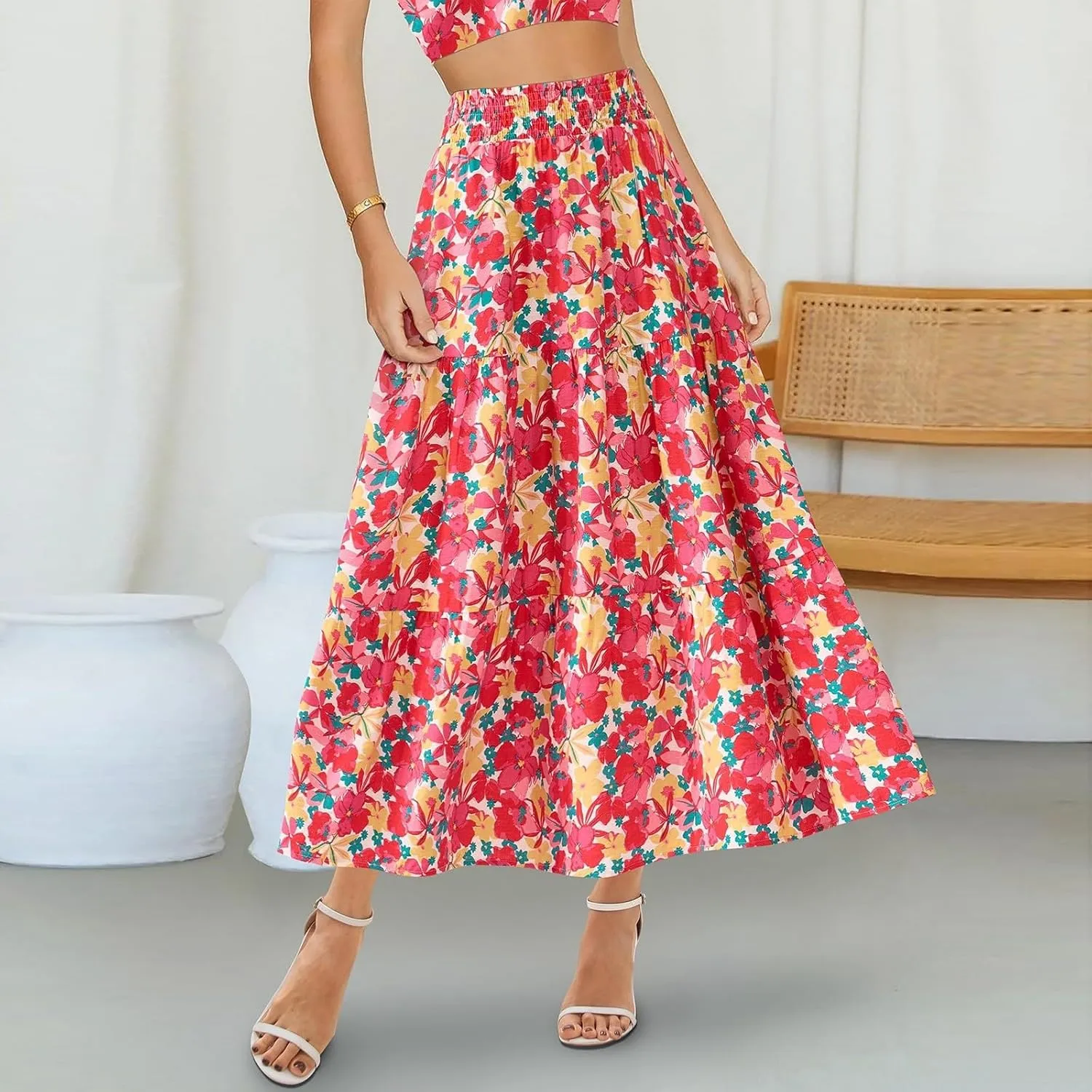 Floral Maxi Skirts for Women Summer Tiered Long Pleated Skirt Casual Elastic Waist A Line Flowy Boho Skirt Vacation