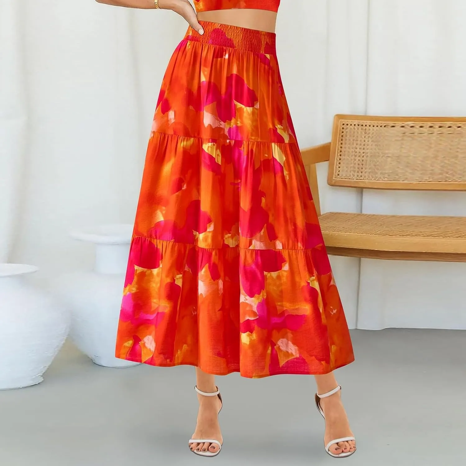 Floral Maxi Skirts for Women Summer Tiered Long Pleated Skirt Casual Elastic Waist A Line Flowy Boho Skirt Vacation