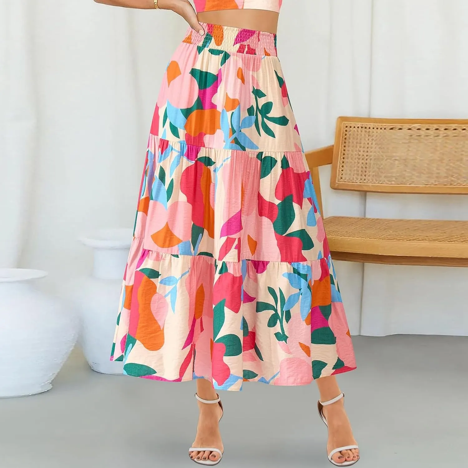Floral Maxi Skirts for Women Summer Tiered Long Pleated Skirt Casual Elastic Waist A Line Flowy Boho Skirt Vacation