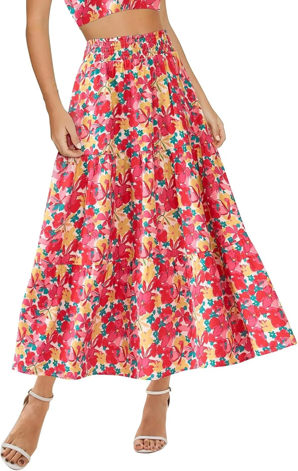 Floral Maxi Skirts for Women Summer Tiered Long Pleated Skirt Casual Elastic Waist A Line Flowy Boho Skirt Vacation