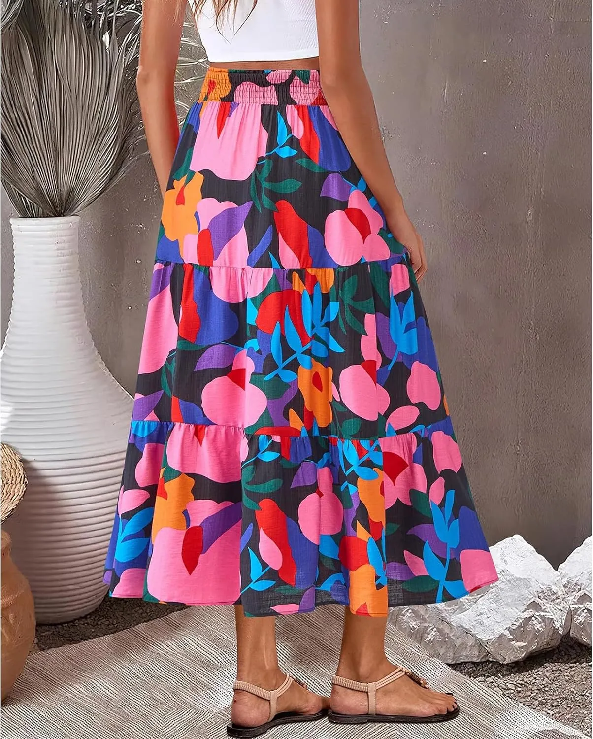 Floral Maxi Skirts for Women Summer Tiered Long Pleated Skirt Casual Elastic Waist A Line Flowy Boho Skirt Vacation