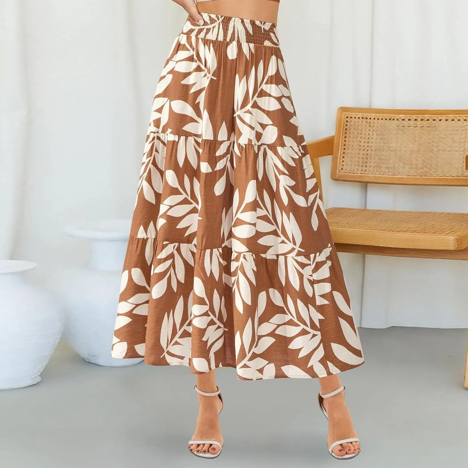 Floral Maxi Skirts for Women Summer Tiered Long Pleated Skirt Casual Elastic Waist A Line Flowy Boho Skirt Vacation