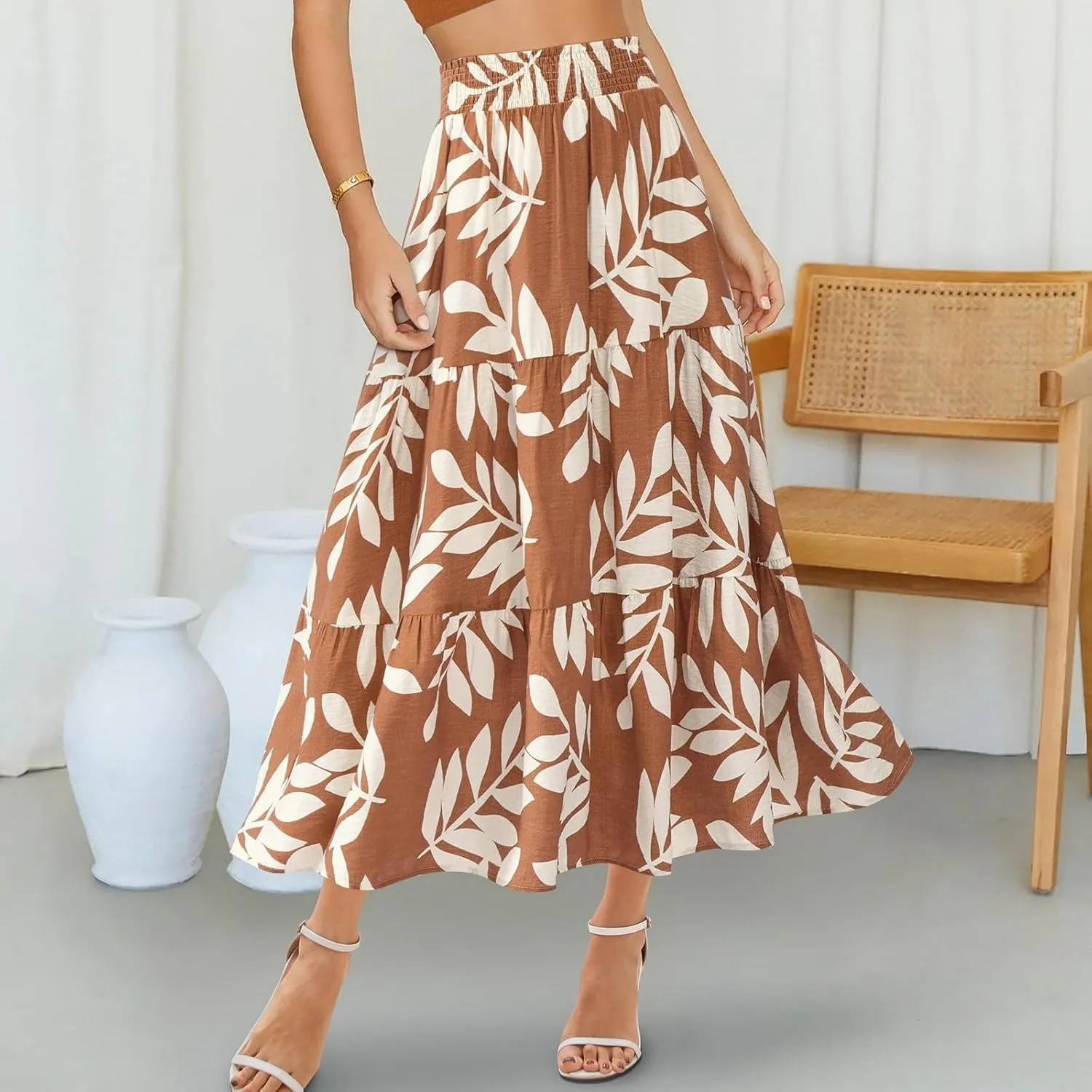 Floral Maxi Skirts for Women Summer Tiered Long Pleated Skirt Casual Elastic Waist A Line Flowy Boho Skirt Vacation