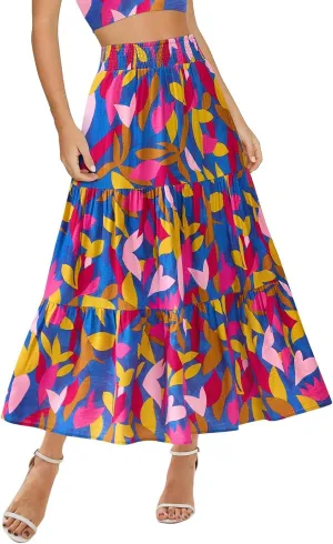 Floral Spring Skirts for Women 2025 Trendy Hawaiian Tiered Pleated Maxi Skirt Casual Loose Elastic Waist Flowy Skirt