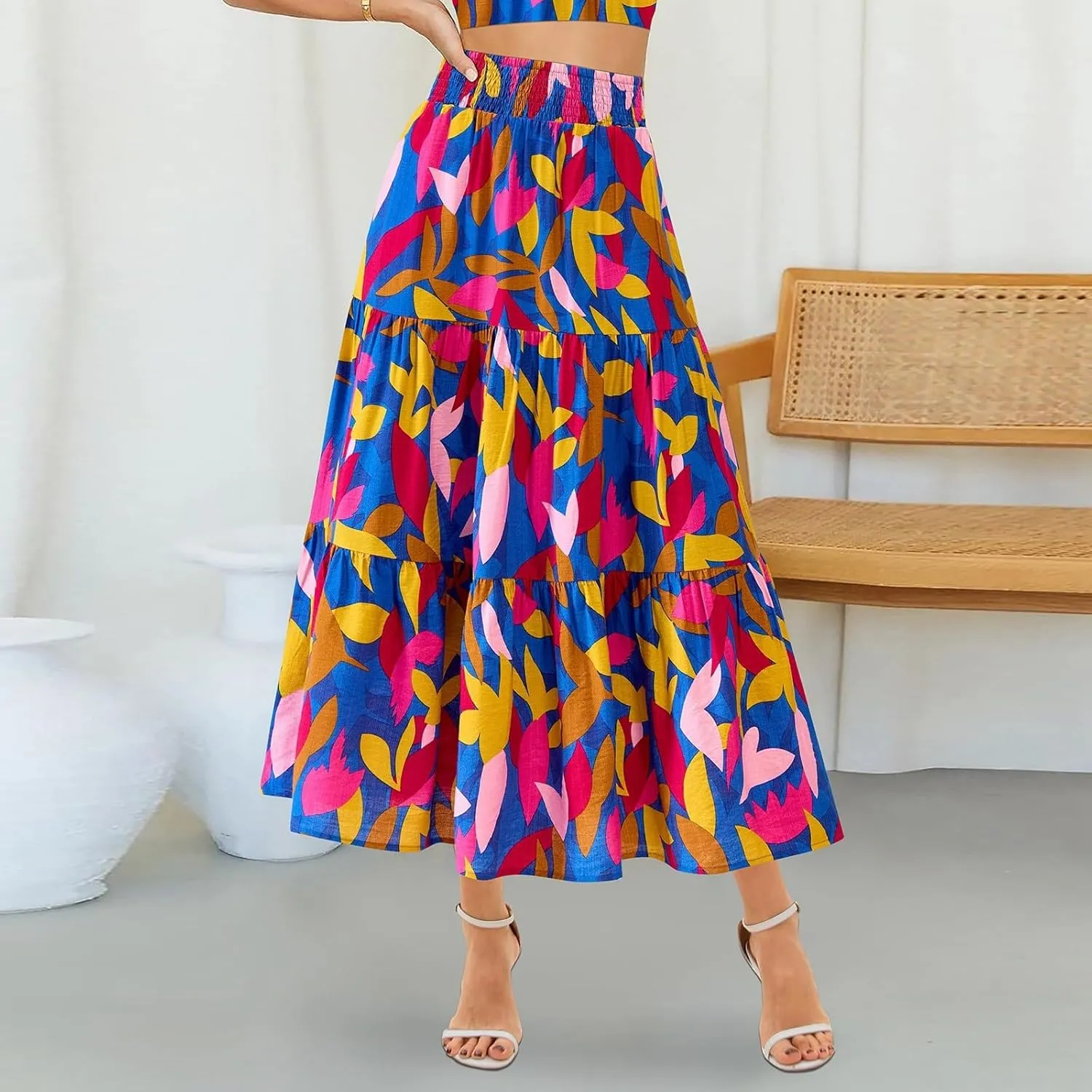 Floral Spring Skirts for Women 2025 Trendy Hawaiian Tiered Pleated Maxi Skirt Casual Loose Elastic Waist Flowy Skirt