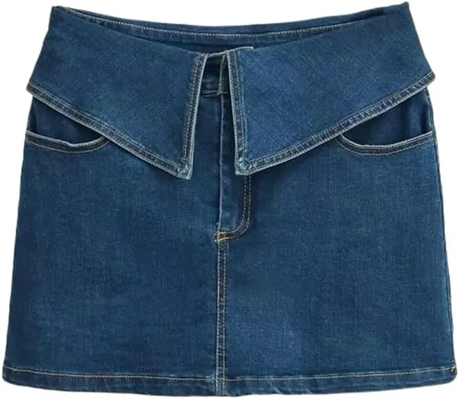 Folding High-Waisted Denim Skirt with Zipper Detail - Slim Fit Street Style Mini Culottes