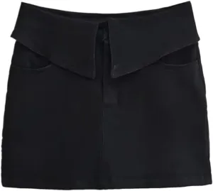 Folding High-Waisted Denim Skirt with Zipper Detail - Slim Fit Street Style Mini Culottes