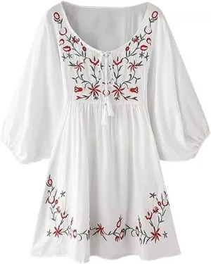 futurino Women's Bohemian Embroidered Crew Neck Dress Fashionable Classic Button Down Top