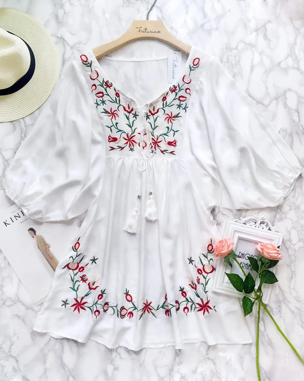 futurino Women's Bohemian Embroidered Crew Neck Dress Fashionable Classic Button Down Top