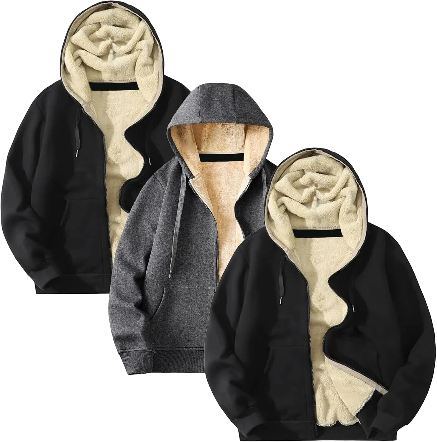Galaxy by Harvic 3-Pack Men's Heavyweight Sherpa Hoodie - Ultra-Warm Full-Zip Jacket with Cozy Fleece Lining
