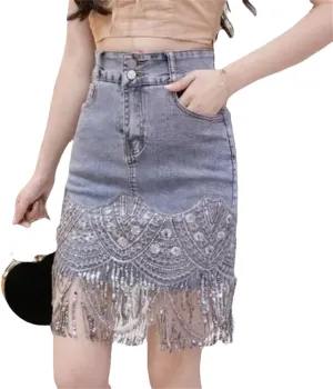 Hcclijo Women Elastic Denim Skirt High Waisted Sequin Fashionable Skirt Sexy Denim Skirts