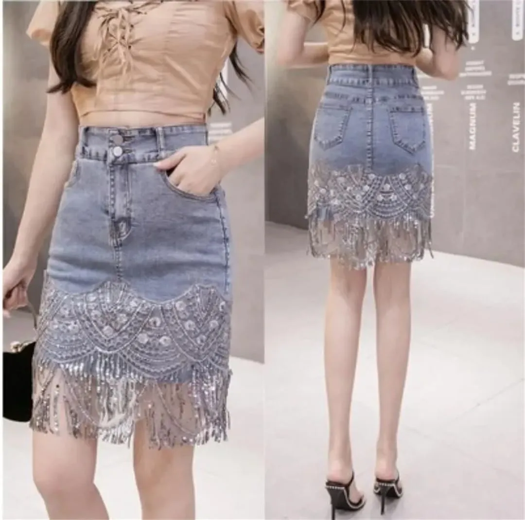 Hcclijo Women Elastic Denim Skirt High Waisted Sequin Fashionable Skirt Sexy Denim Skirts