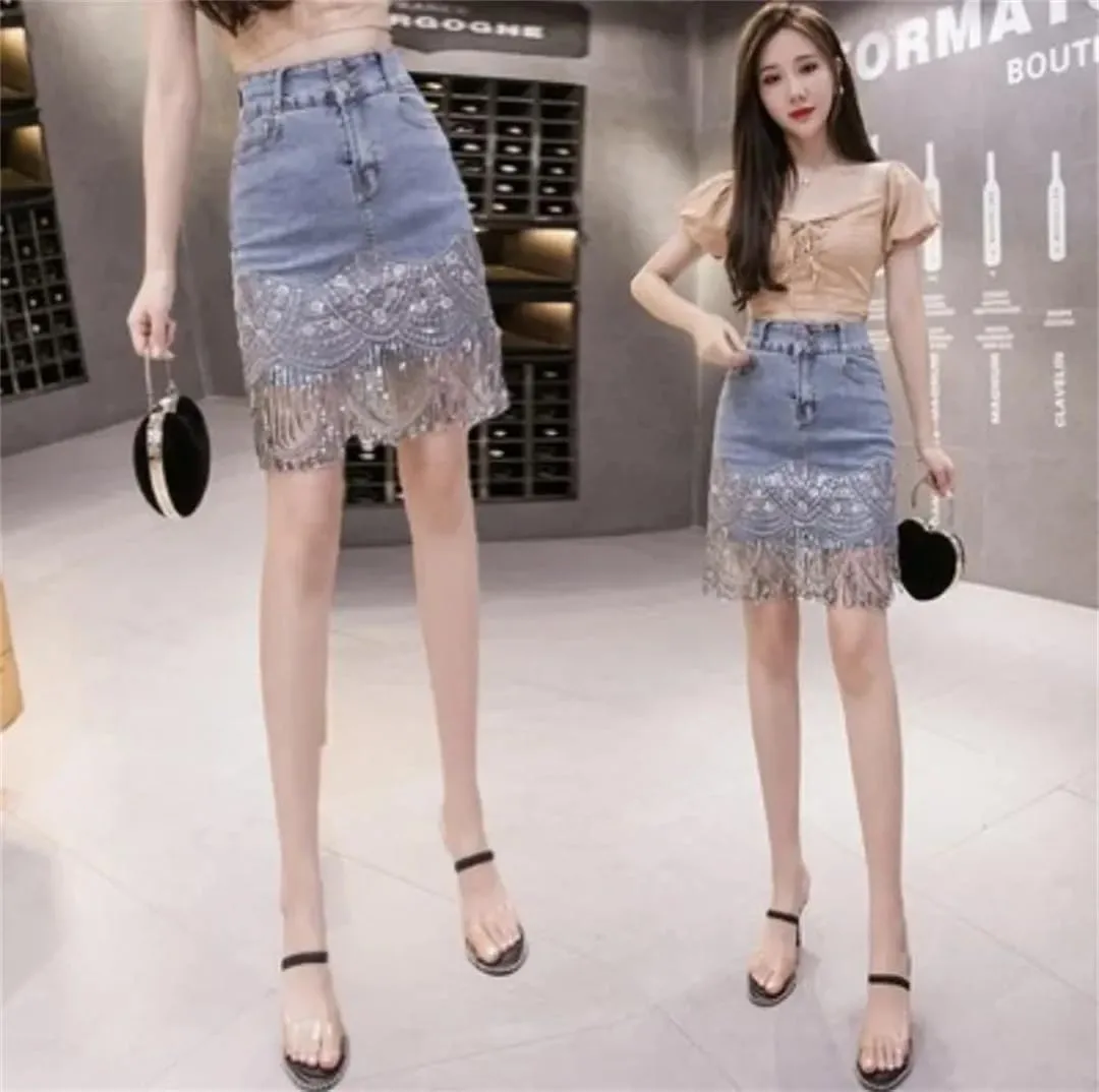 Hcclijo Women Elastic Denim Skirt High Waisted Sequin Fashionable Skirt Sexy Denim Skirts