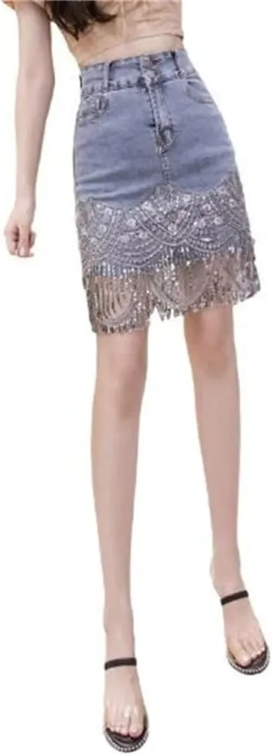 Hcclijo Women Elastic Denim Skirt High Waisted Sequin Fashionable Skirt Sexy Denim Skirts