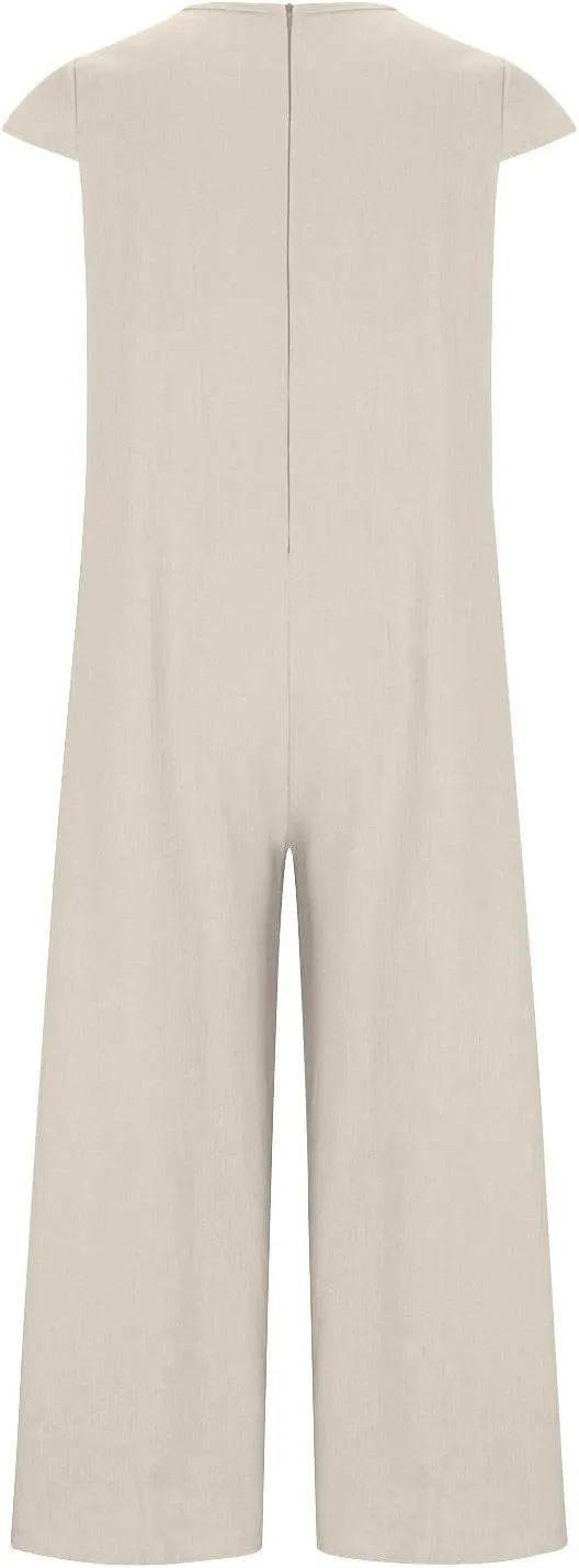 HGps8w 2025 Summer Womens Plus Size Loose Cotton Linen Jumpsuit Cap Sleeve Casual Solid Baggy Rompers Wide Leg Long Pants