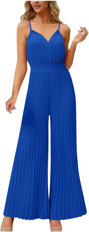 HGps8w Women's 2025 Summer Dressy Pleated Jumpsuits Spaghetti Strap V Neck Sleeveless Business Casual Wide Leg Pants Romper