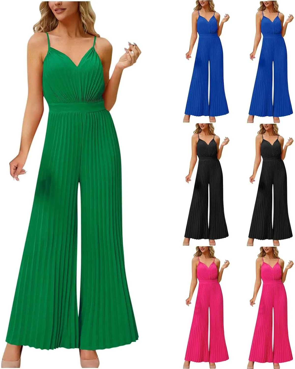 HGps8w Women's 2025 Summer Dressy Pleated Jumpsuits Spaghetti Strap V Neck Sleeveless Business Casual Wide Leg Pants Romper
