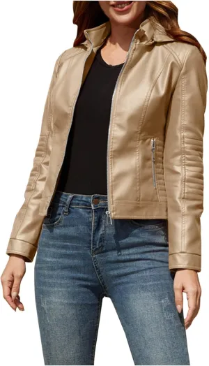 HGps8w Women's Faux Leather Jacket Classic Full Zip Motorcycle Jackets PU Biker Coat with Removable Hood