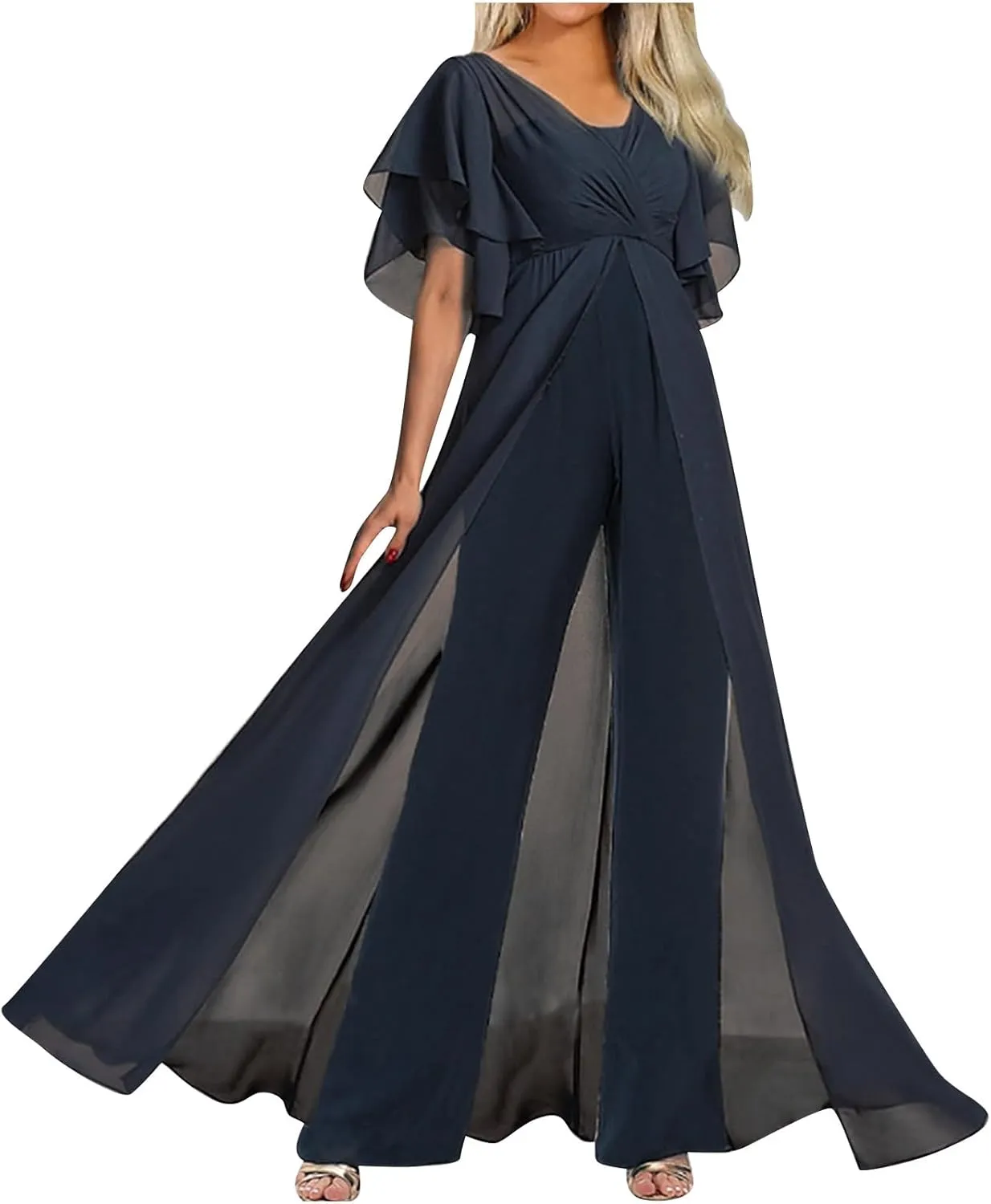 HGps8w Womens Flowy Jumpsuit Elegant Sleeveless Split Front Tunic Shirt Dressy Pant Suits 2 Piece Formal Dress Set